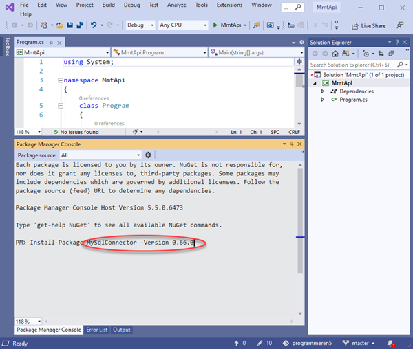 NuGet Package Manager Console-Install-Package MySqlConnector